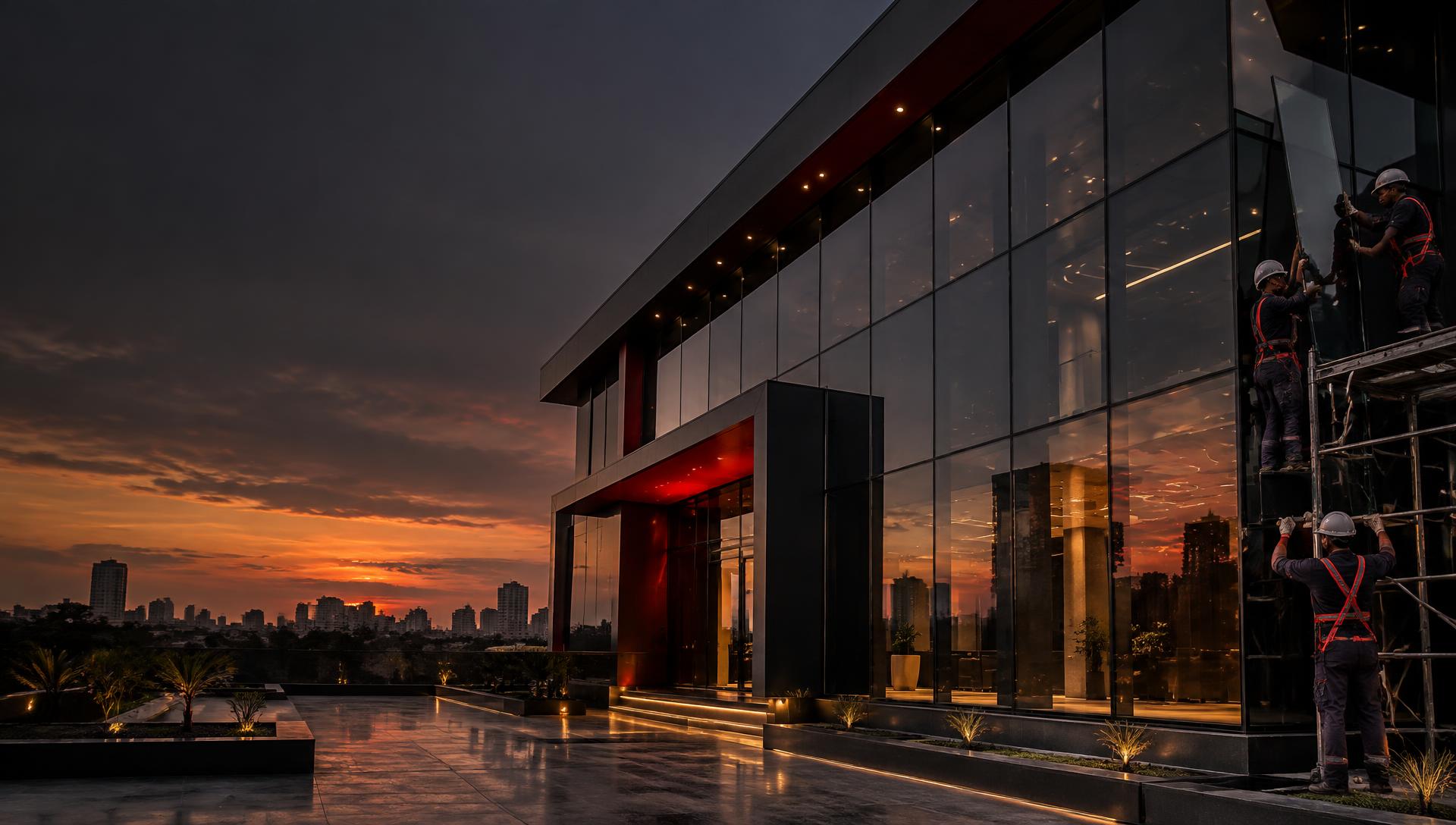 Modern glass and aluminium commercial building at sunset