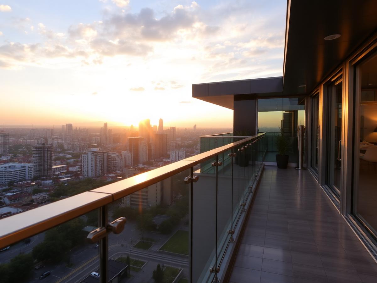 Glass balcony railing on a modern terrace